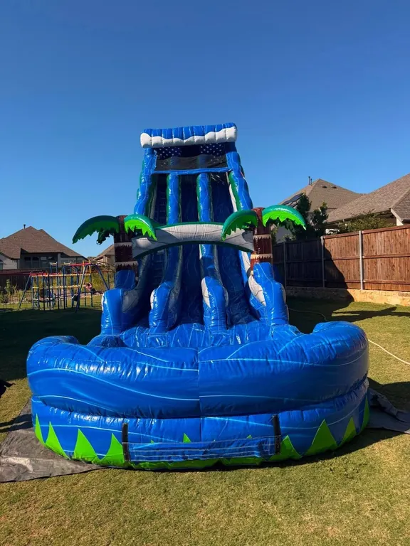 Blue tropical palm inflatable water slide rental