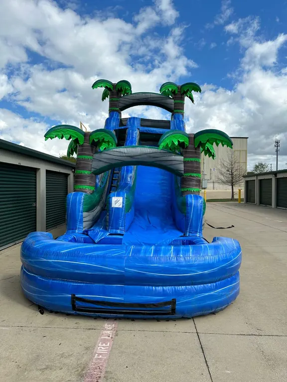 Blue tropical palm inflatable water slide rental