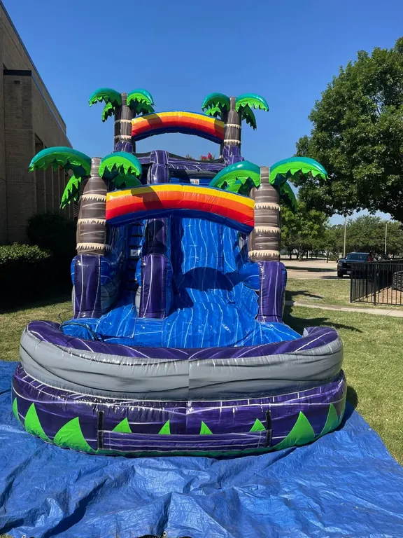 Purple tropical inflatable water slide rental
